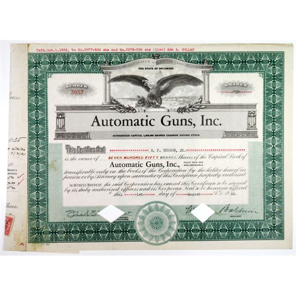 Automatic Guns, Inc. 1935 I/C/ Stock Certificate.