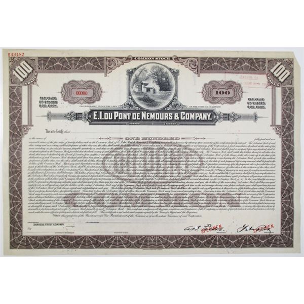 E.I. du Pont de Nemours & Co., 1915 Specimen Stock Certificate