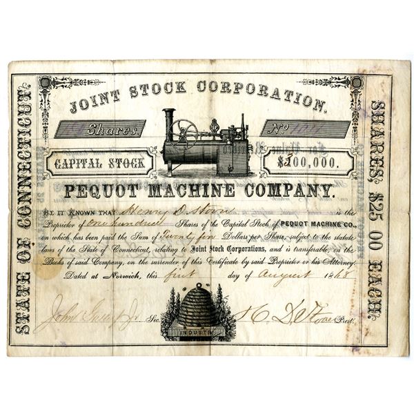 Pequot Machine Co., 1868 I/U Stock Certificate.