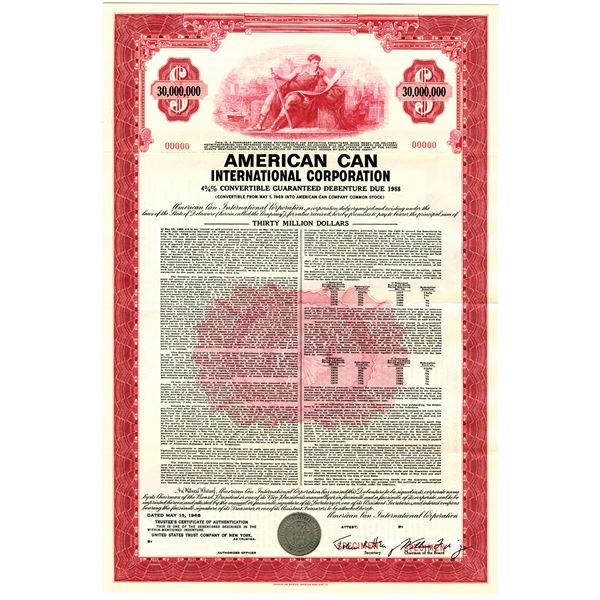 American Can International Corp. 1968, $30 Million Dollar Specimen Bond