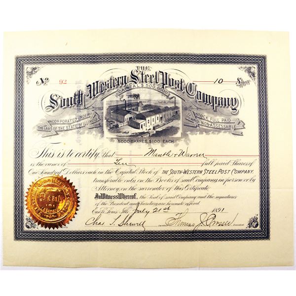 South-Western Steel Post Co., 1891 I/U Stock Certificate.