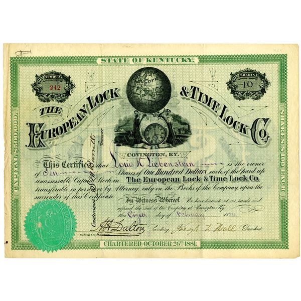 European Lock & Time Lock Co. 1884 Issued Stock Certificate