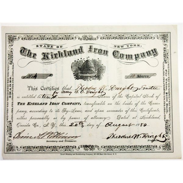 Kirkland Iron Co., 1880 10 Shrs I/U Stock Certificate XF,  Trow's Printing