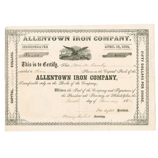 Allentown Iron Co., 1874 I/U Stock Certificate