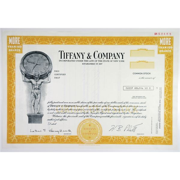 Tiffany & Co. 1978 Specimen Stock Certificate.