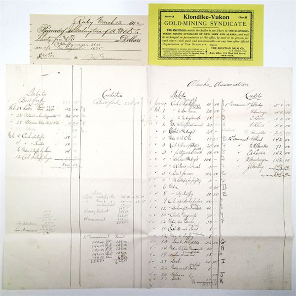 Alaska Gold Mining Ephemera Trio, ca. 1890-1920s Including Stock Certificate & Grub Stake List