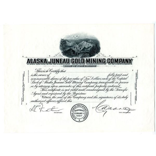 Alaska Juneau Gold Mining Co., ca.1920-30's Progress Proof Stock Certificate