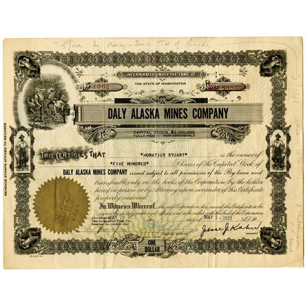 Daly Alaska Mines Co. 1923 I/U Stock Certificate
