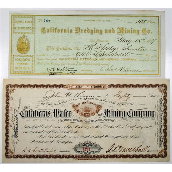 California Mining Stock Certificate Pair, ca. 1870-1880s