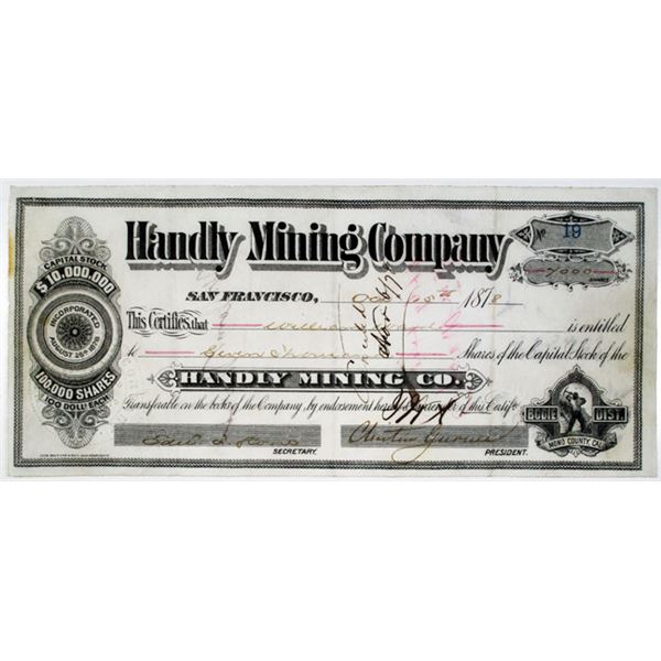 Handly Mining Co. 1878 I/U Stock Certificate, Bodie Mining District.