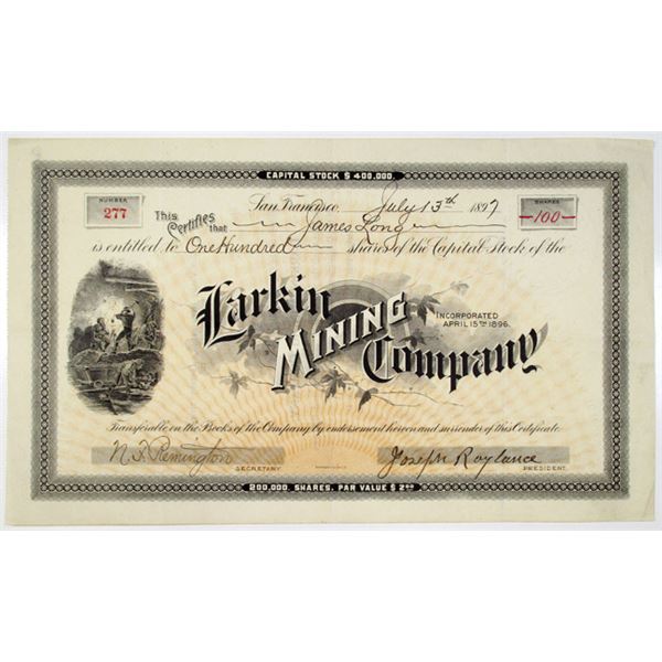 Larkin Mining Co. 1897 I/U Stock Certificate