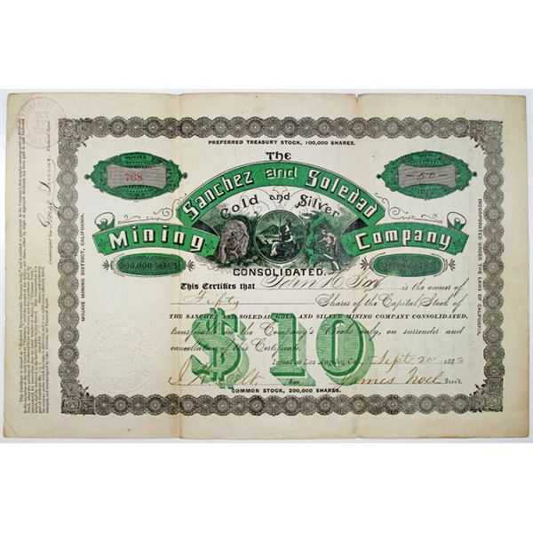 Sanchez and Soledad Gold and Silver Mining Co. Consolidated, 1883 I/U Stock Certificate