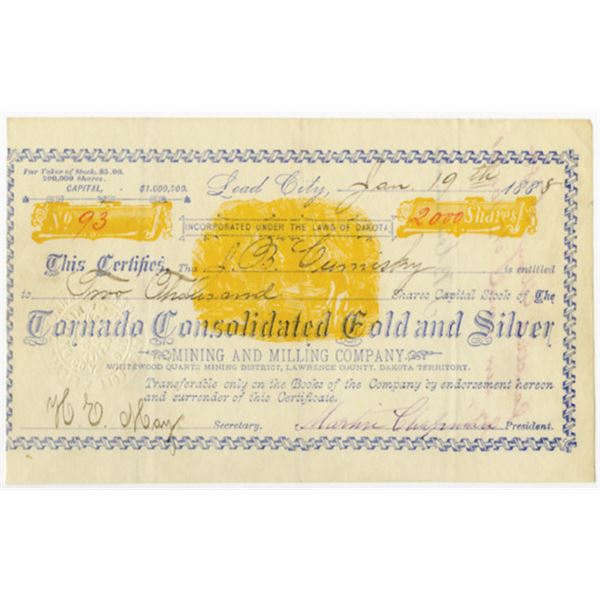 Tornado Consolidated Gold & Silver Mining & Milling Co. 1888 I/C Stock Certificate