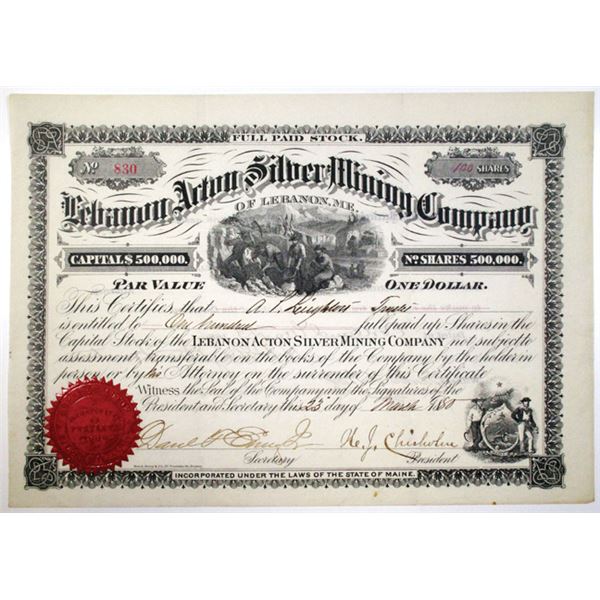 Lebanon Acton Silver Mining Co. 1880 I/U Stock Certificate