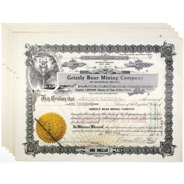Grizzly Bear Mining Co. I/U Stock Certificate Quintet, 1909