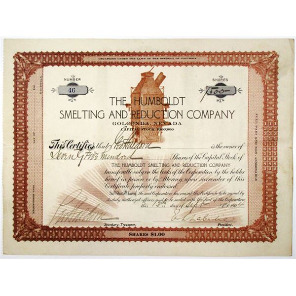 Humboldt Smelting and Reduction Co. 1904 I/U Stock Certificate