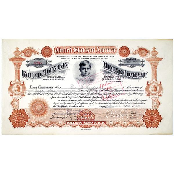 Round Mountain Mining Co. 1924 Issued Stock Certificate