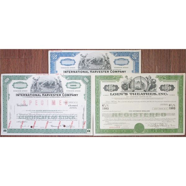 Loew's Theatres, Inc. & International Harvester Co. Specimen Stock and Bond Trio, 1969-80