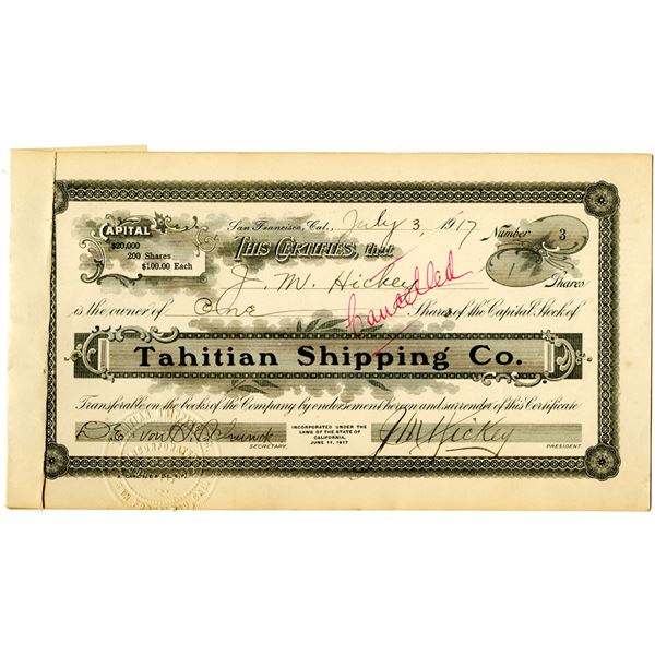 Tahitian Shipping Co. 1917 I/C Stock Certificate