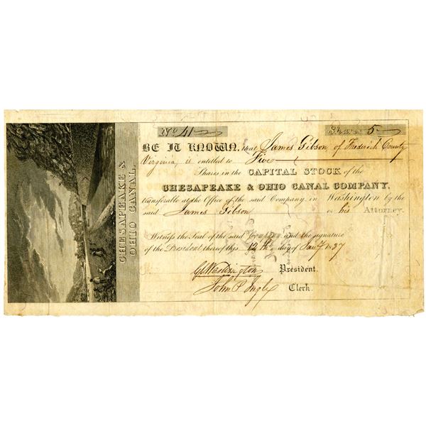 Chesapeake & Ohio Canal Co. 1837 I/U Stock Certificate Signed by George C. Washington