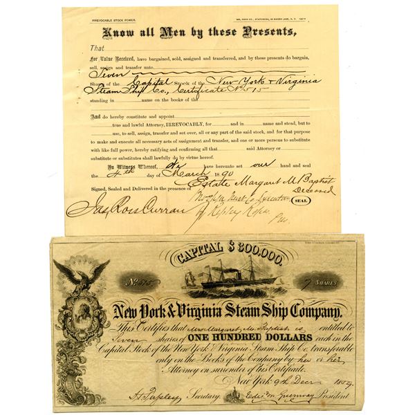 New York and Virginia Steam Ship Co., 1859 I/U Stock Certificate.