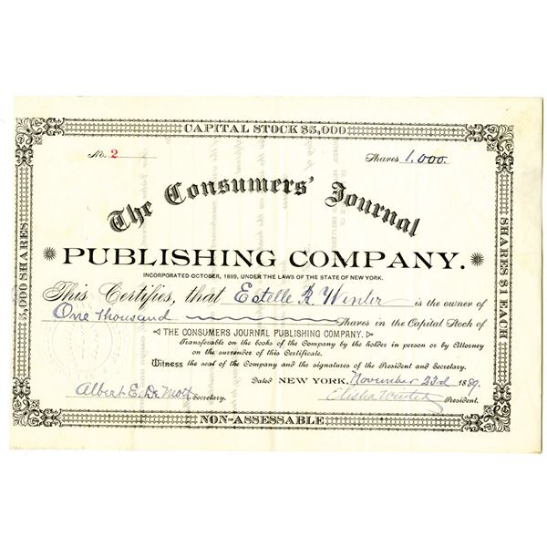 Consumers' Journal Publishing Co. 1889 I/U Stock Certificate