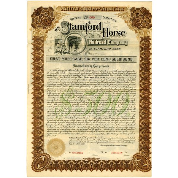 Stamford Horse Railroad Co. 1886 Specimen Bond Rarity