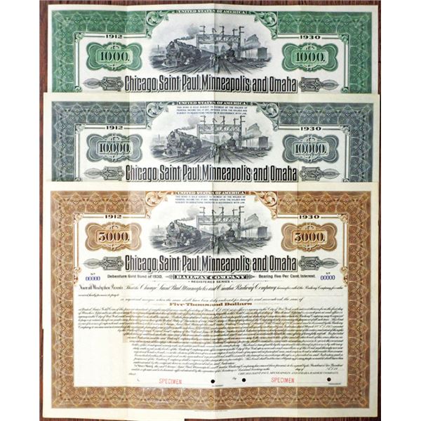 Chicago, Saint Paul, Minneapolis and Omaha Railway Co. 1912 Specimen Bond Trio