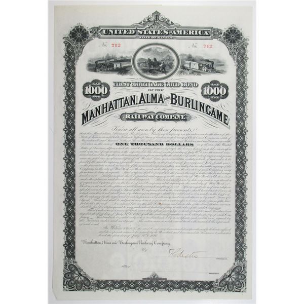 Manhattan, Alma and Burlingame Railway Co. 1880 Partially Issued Bond