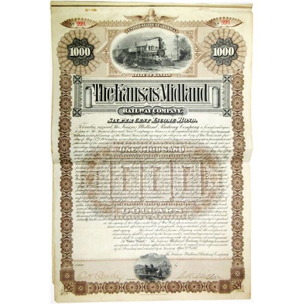 Kansas Midland Railway Co. 1887 I/U Bond