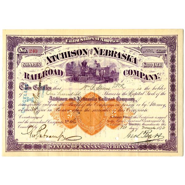 Atchison and Nebraska Railroad Co. 1872 I/C Stock Certificate with Imprinted Revenue in middle