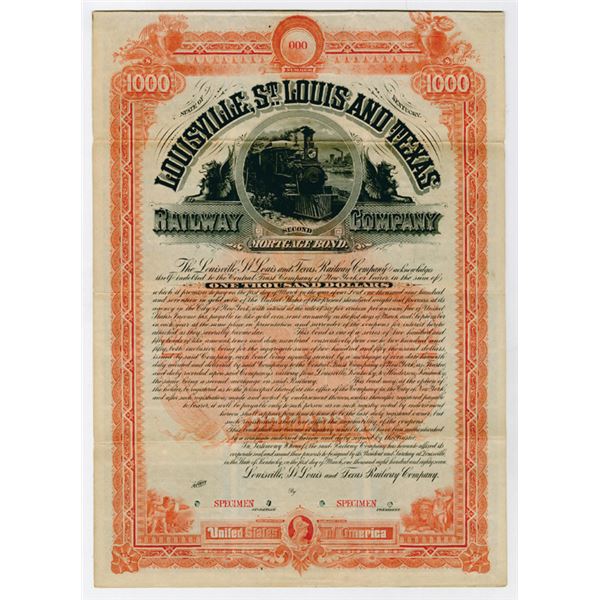 Louisville, St Louis & Texas Railway Co. 1887 Specimen  Bond.