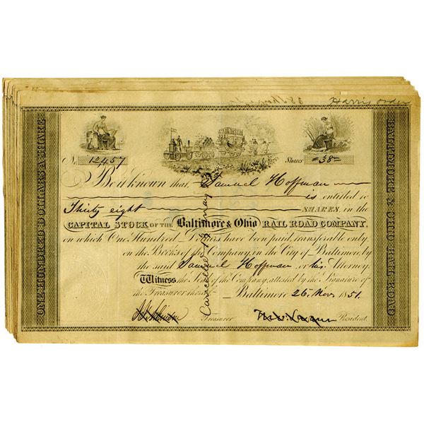 Baltimore & Ohio Rail Road Co. Issued Stock Certificate Group of 16, 1851