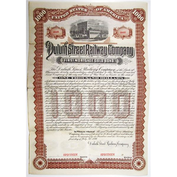 Duluth Street Railway Co. 1886 Specimen Bond Rarity