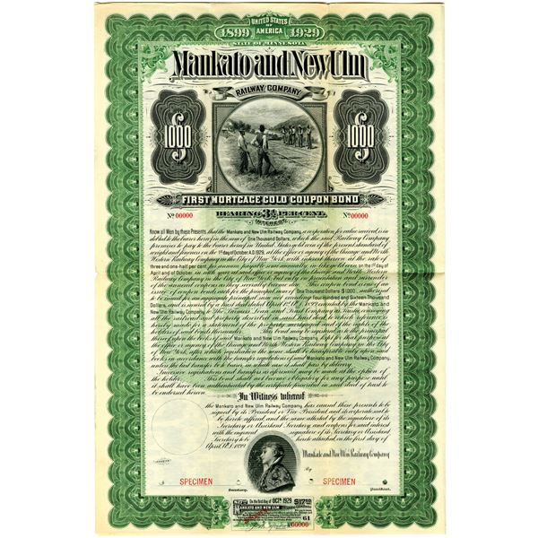 Mankato and New Ulm Railway Co. 1899 Specimen Bond Rarity