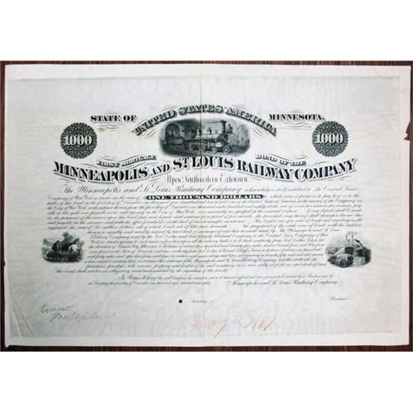Minneapolis & St. Louis Railway Co. 1881 Unique Approval Progress Proof Bond