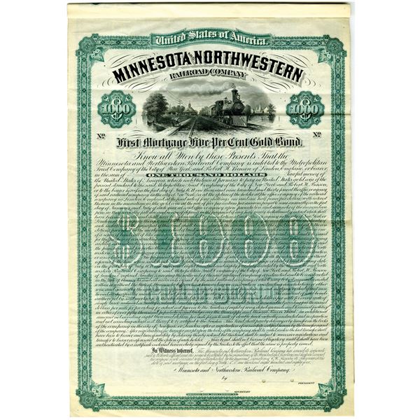 Minnesota and Northwestern Railroad Co. 1884 Specimen Bond