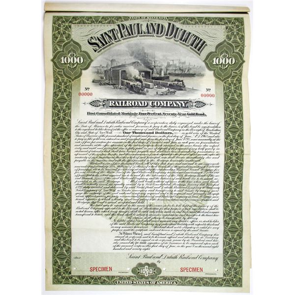 Saint Paul and Duluth Railroad Co. 1898 Specimen Bond Rarity