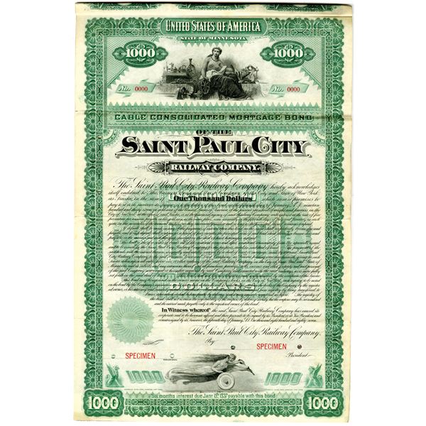 Saint Paul City Railway Co. 1887 Specimen Bond Rarity