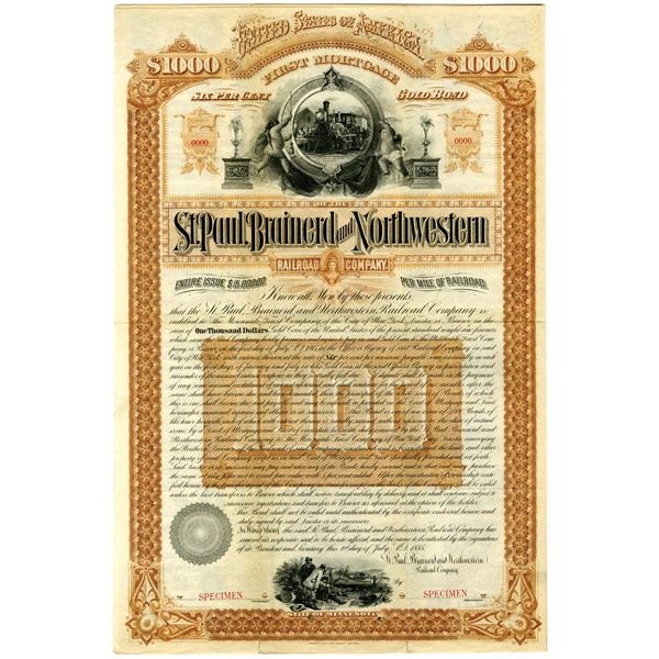 St. Paul, Brainerd and Northwestern Railroad Co. 1885 Specimen Bond Rarity