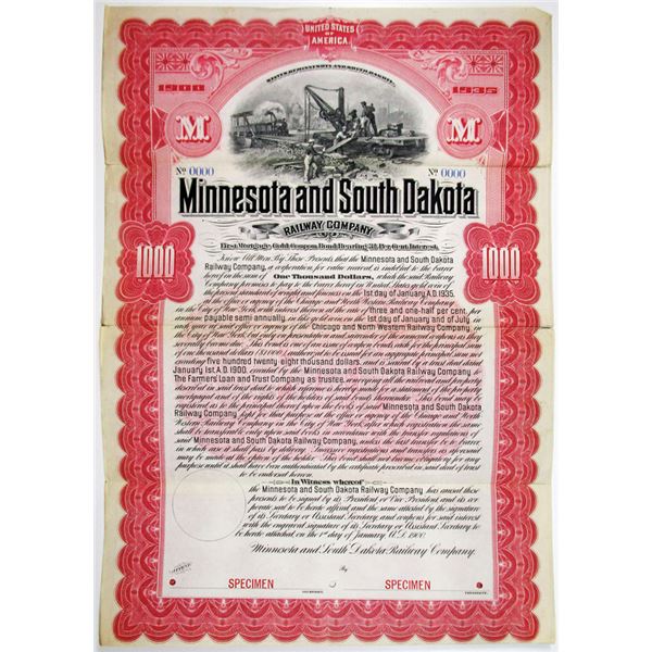 Minnesota and South Dakota Railway Co. 1900 Specimen Bond Rarity