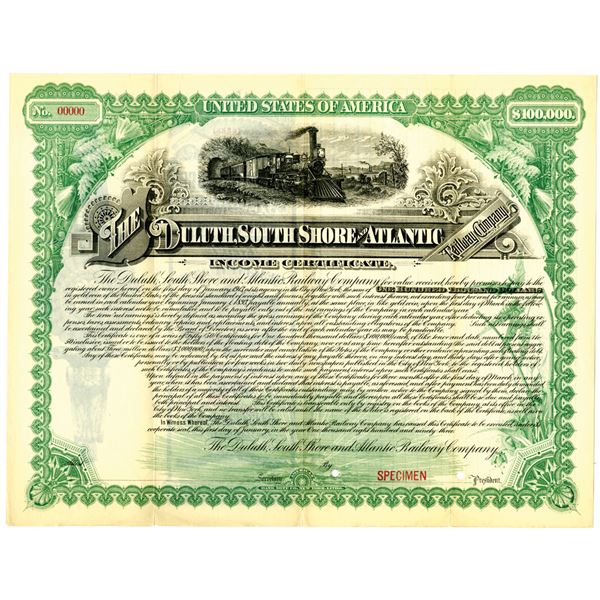 Duluth, South Shore and Atlantic Railway Co. 1893 Specimen Bond Rarity