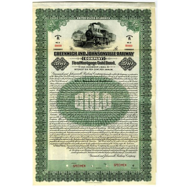 Greenwich and Johnsonville Railway Co. 1923 Specimen Bond Rarity