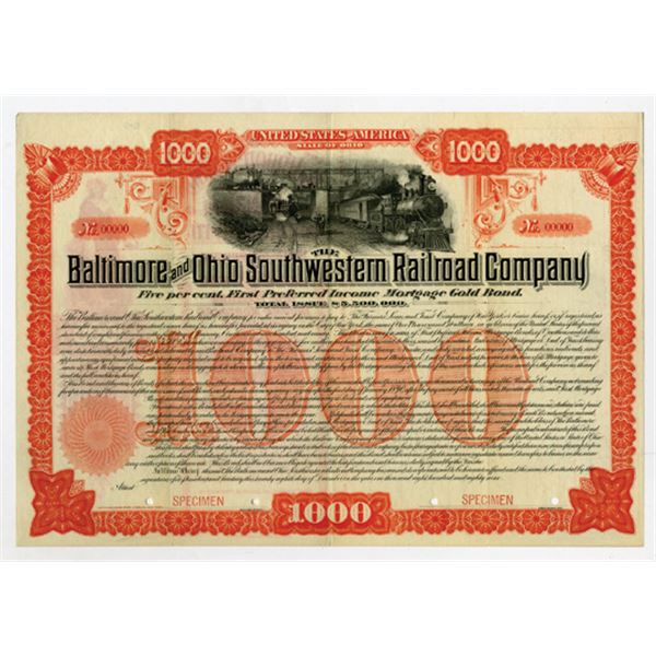 Baltimore and Ohio Southwestern Railroad Co. 1889 Specimen Bond.