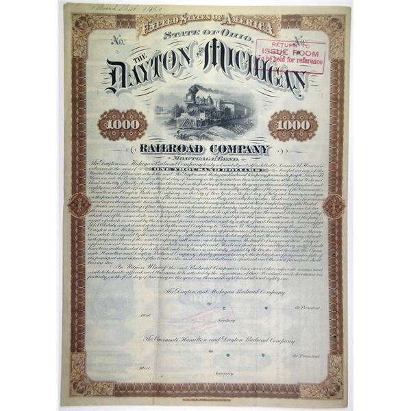 Dayton & Michigan Railroad Co. 1881 Unique Specimen Bond