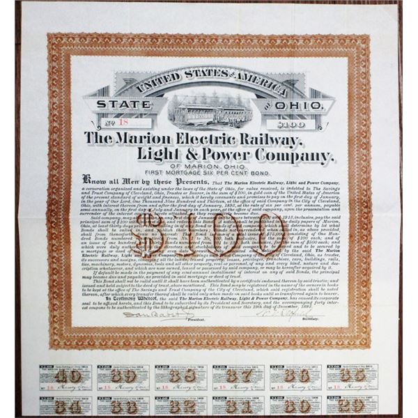 Marion Electric Railway, Light and Power Co. 1892 I/U Bond