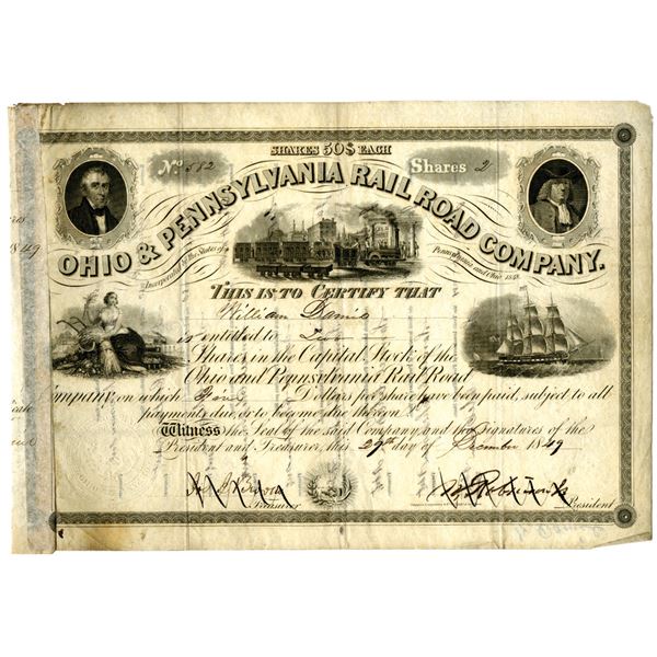 Ohio & Pennsylvania Rail Road Co. 1849 I/C Stock Certificate