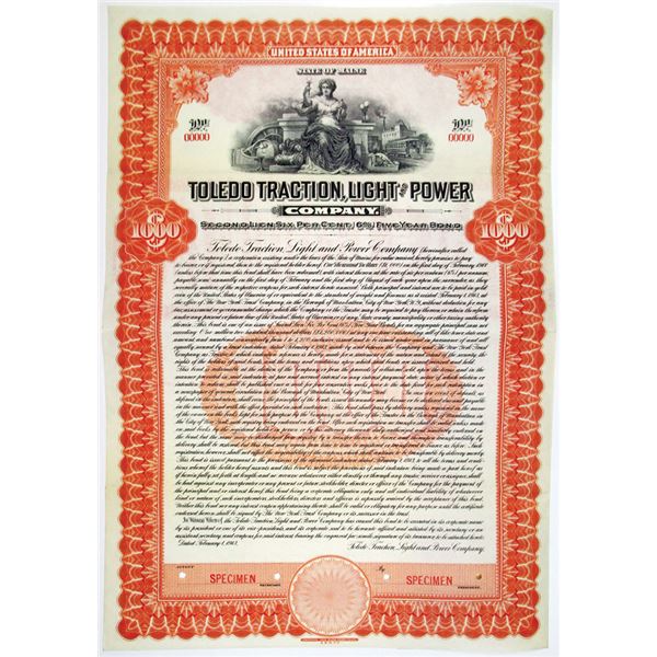 Toledo Traction, Light and Power Co. 1913 Specimen Bond Rarity