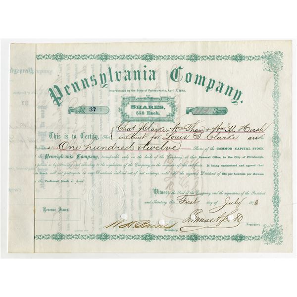 Pennsylvania Co., 1873 Stock Certificate Signed by Thomas A. Scott as President.