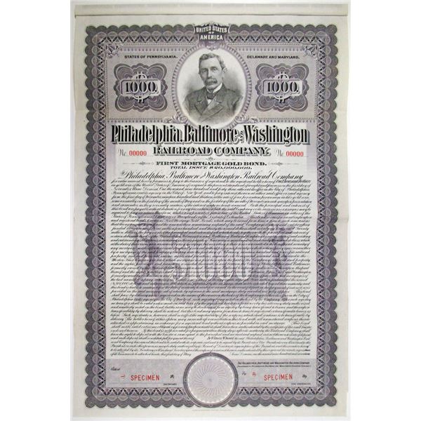 Philadelphia, Baltimore and Washington Railroad Co. 1917 Specimen Bond Rarity